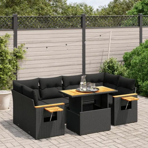 Conjunto de Sofás p/ Jardim c/ Almofadões Vime PE Preto (7 pcs)