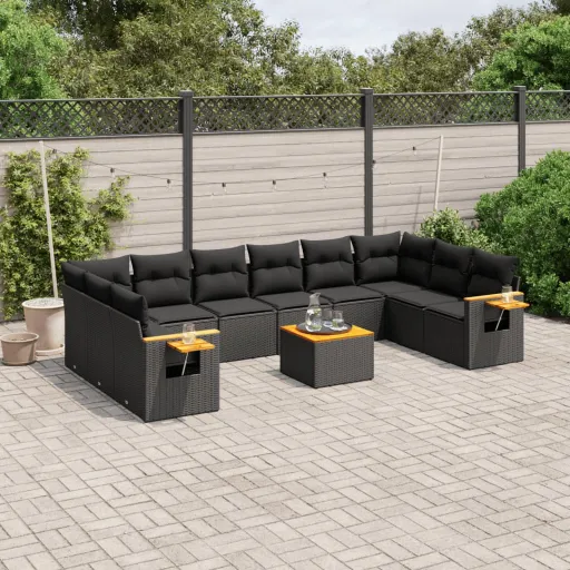 Conjunto Sofás de Jardim c/ Almofadões Vime PE Preto (11 pcs)