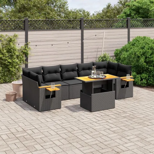 Conjunto Sofás de Jardim com Almofadões Vime PE Preto (8 pcs)