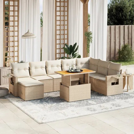 Conjunto de Sofás p/ Jardim com Almofadões Vime PE Bege (9 pcs)