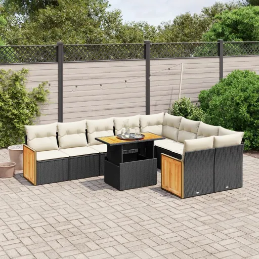 Conjunto Sofás de Jardim c/ Almofadões Vime PE Preto (10 pcs)