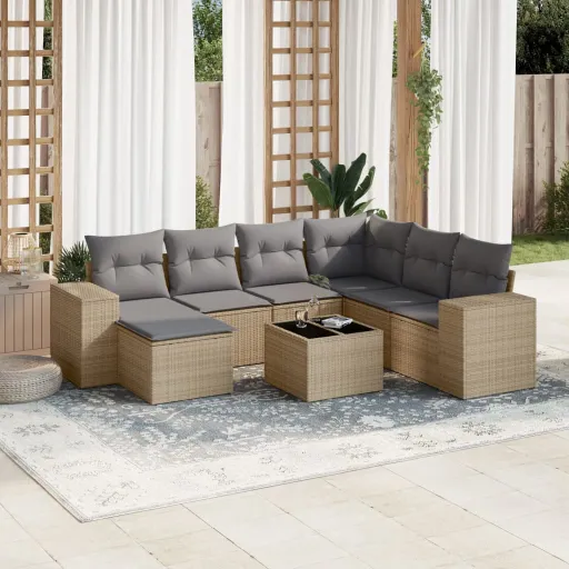 Conjunto de Sofás p/ Jardim com Almofadões Vime PE Bege (8 pcs)
