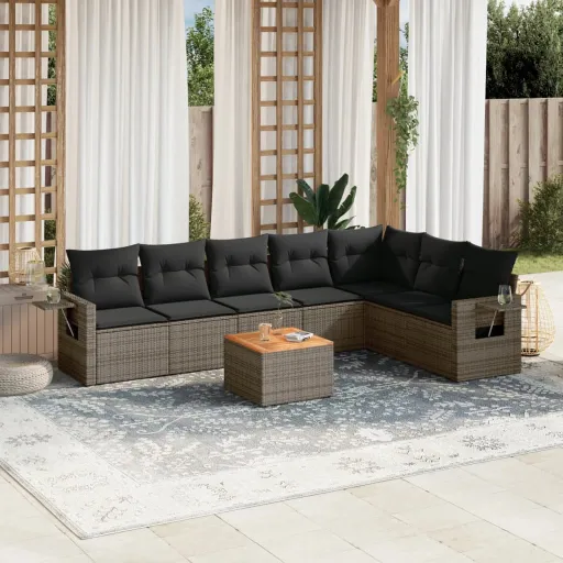 Conjunto Sofás de Jardim c/ Almofadões Vime PE Cinzento (8 pcs)