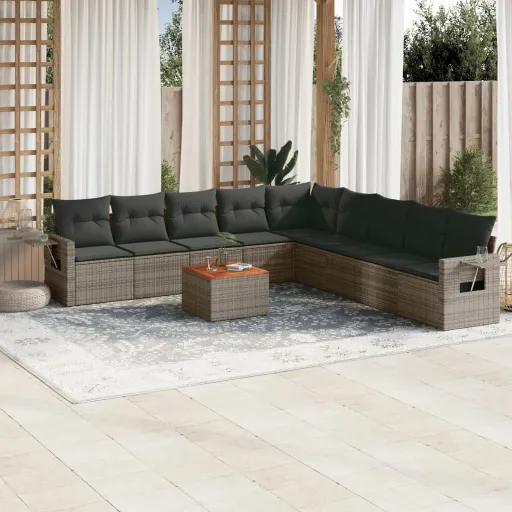 Conjunto Sofás de Jardim c/ Almofadões Vime PE Cinzento (10 pcs)