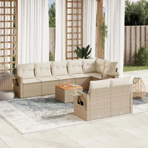 Conjunto de Sofás p/ Jardim com Almofadões Vime PE Bege (9 pcs)