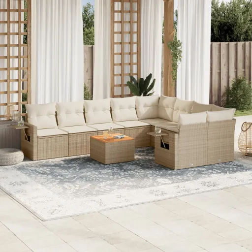 Conjunto de Sofás p/ Jardim com Almofadões Vime PE Bege (10 pcs)