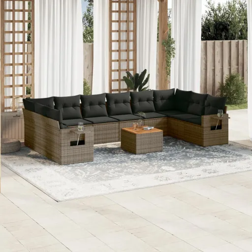 Conjunto Sofás de Jardim c/ Almofadões Vime PE Cinzento (11 pcs)