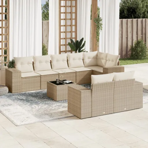 Conjunto de Sofás p/ Jardim com Almofadões Vime PE Bege (9 pcs)