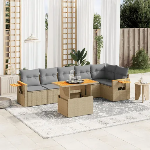 Conjunto de Sofás p/ Jardim com Almofadões Vime PE Bege (7 pcs)