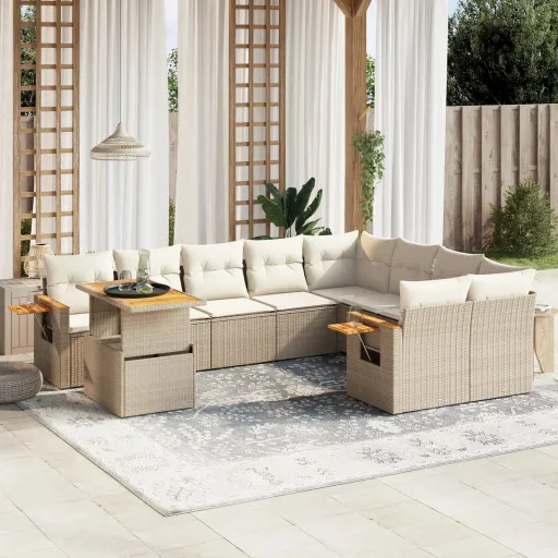 Conjunto de Sofás p/ Jardim com Almofadões Vime PE Bege (10 pcs)