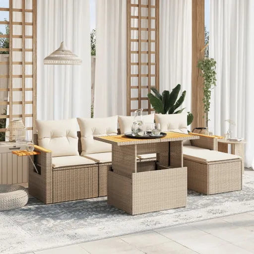 Conjunto de Sofás p/ Jardim com Almofadões Vime PE Bege (6 pcs)