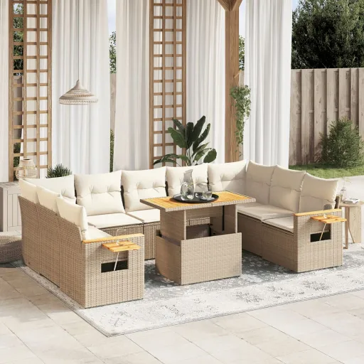 Conjunto de Sofás p/ Jardim com Almofadões Vime PE Bege (10 pcs)