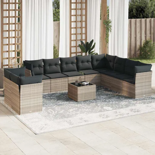 Conjunto Sofás de Jardim c/ Almofadões Vime PE Cinzento (11 pcs)