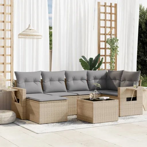 Conjunto de Sofás p/ Jardim com Almofadões Vime PE Bege (7 pcs)