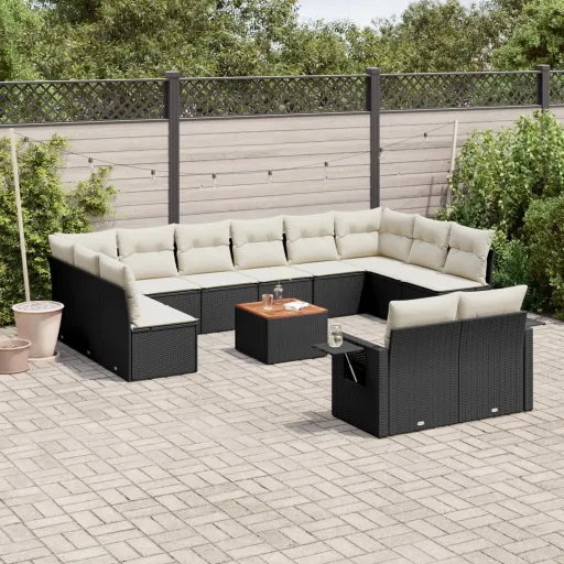 Conjunto de Sofás de Jardim com Almofadões Vime PE Preto (13 pcs)