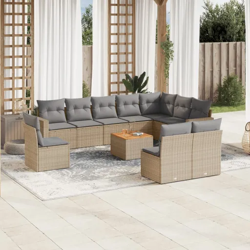 Conjunto Sofás de Jardim c/ Almofadões Vime PE Bege (11 pcs)