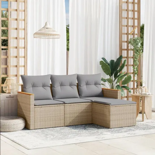 Conj. Sofás Jardim c/ Almofadões Vime PE Bege Misturado (4 pcs)