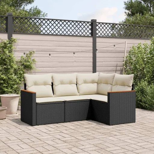 Conjunto de Sofás para Jardim c/ Almofadões Vime PE Preto (4 pcs)