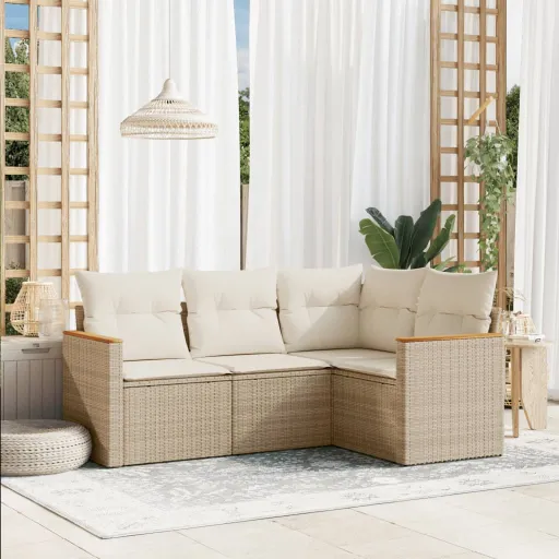Conjunto de Sofás para Jardim c/ Almofadões Vime PE Bege (4 pcs)