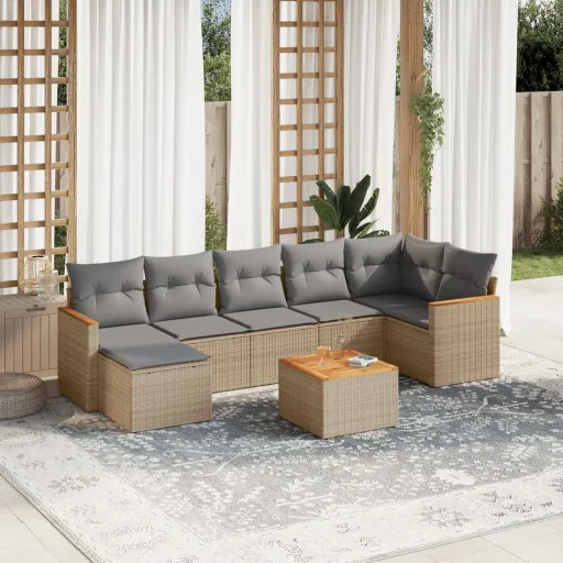 Conj. Sofás Jardim c/ Almofadões Vime PE Bege Misturado (8 pcs)