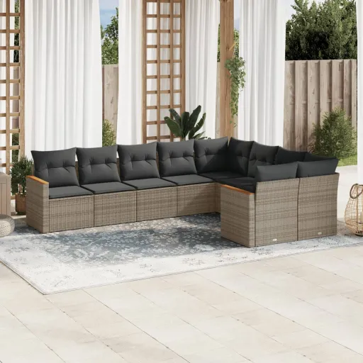Conjunto Sofás p/ Jardim com Almofadões Vime PE Cinzento (9 pcs)