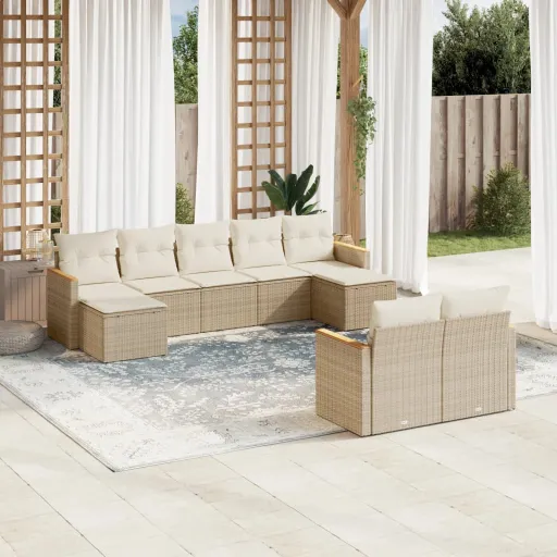 Conjunto de Sofás p/ Jardim com Almofadões Vime PE Bege (9 pcs)