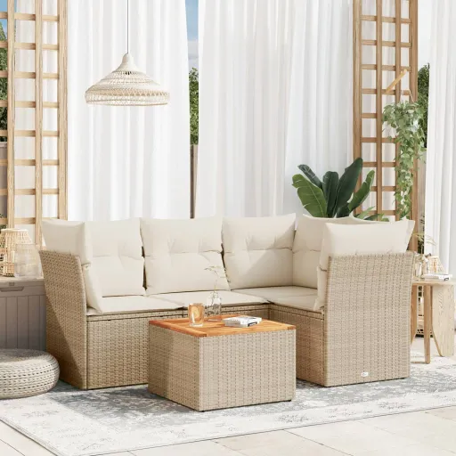 Conjunto de Sofás p/ Jardim com Almofadões Vime PE Bege (5 pcs)
