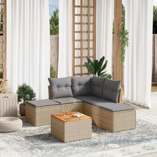 Conj. Sofás Jardim c/ Almofadões Vime PE Bege Misturado (6 pcs)