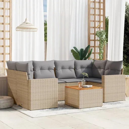 Conj. Sofás Jardim c/ Almofadões Vime PE Bege Misturado (7 pcs)