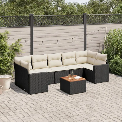Conjunto Sofás de Jardim com Almofadões Vime PE Preto (8 pcs)