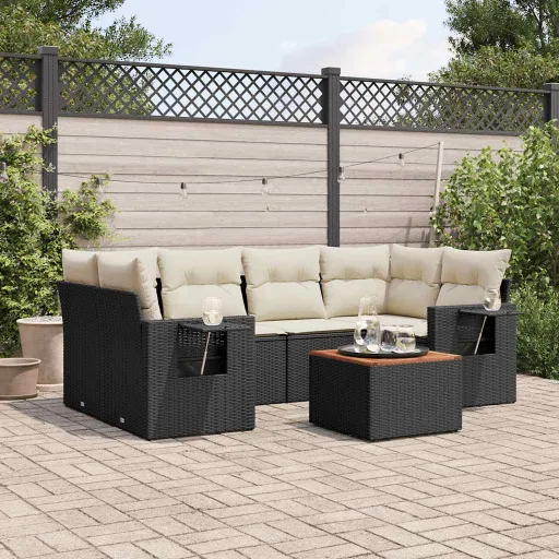 Conjunto de Sofás p/ Jardim c/ Almofadões Vime PE Preto (7 pcs)