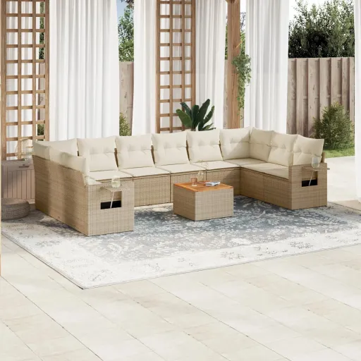 Conjunto Sofás de Jardim c/ Almofadões Vime PE Bege (11 pcs)