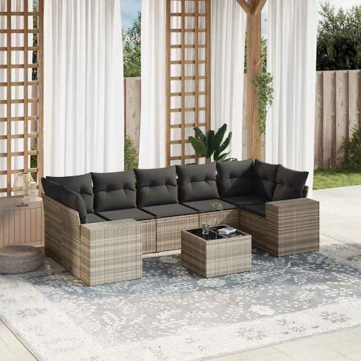 Conj. Sofás Jardim c/ Almofadões Vime PE Cinzento-Claro (8 pcs)