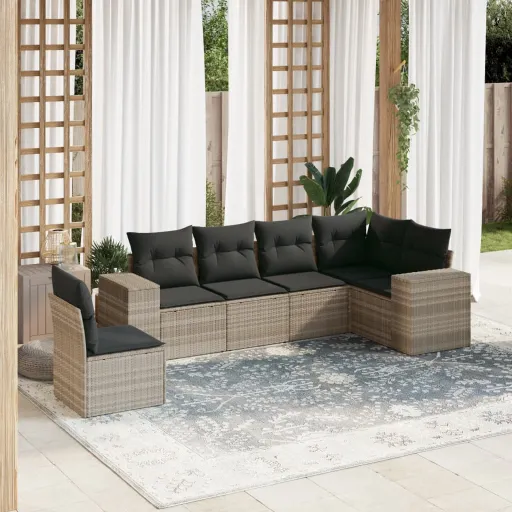 Conj. Sofás Jardim com Almofadões Vime PE Cinzento-Claro (6 pcs)