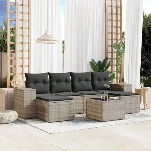 Conj. Sofás Jardim com Almofadões Vime PE Cinzento-Claro (7 pcs)