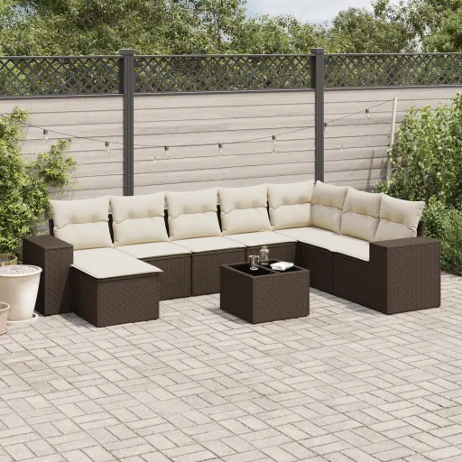 Conjunto Sofás p/ Jardim c/ Almofadões Vime PE Castanho (9 pcs)