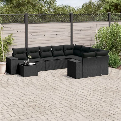 Conjunto Sofás de Jardim c/ Almofadões Vime PE Preto (10 pcs)