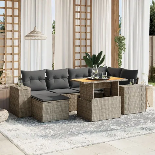 Conjunto Sofás p/ Jardim c/ Almofadões Vime PE Cinzento (7 pcs)