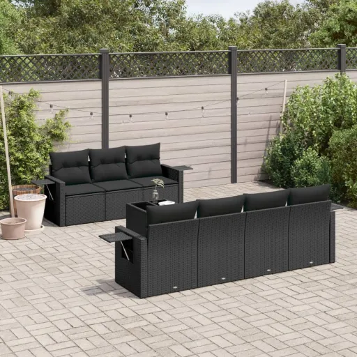Conjunto Sofás de Jardim com Almofadões Vime PE Preto (8 pcs)