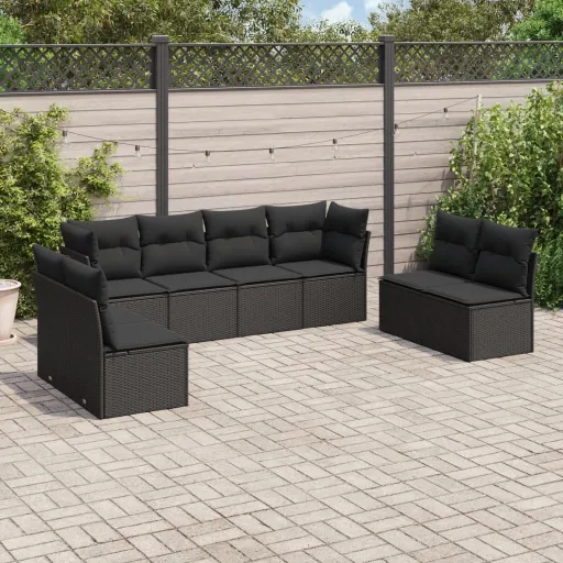 Conjunto Sofás de Jardim com Almofadões Vime PE Preto (8 pcs)