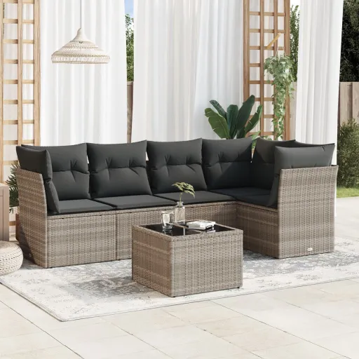 Conj. Sofás Jardim com Almofadões Vime PE Cinzento-Claro (6 pcs)