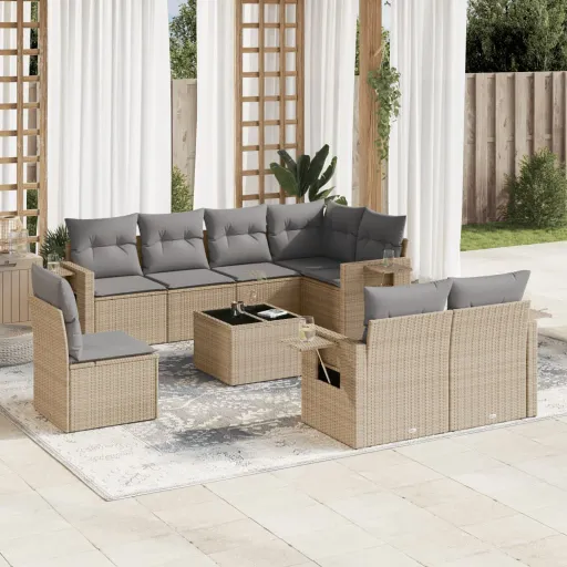 Conjunto de Sofás p/ Jardim com Almofadões Vime PE Bege (9 pcs)