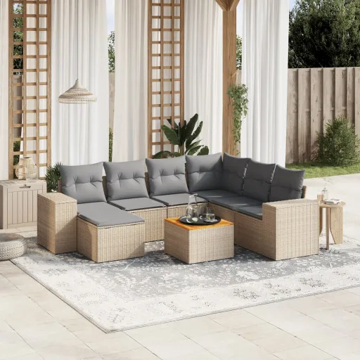 Conjunto de Sofás p/ Jardim com Almofadões Vime PE Bege (8 pcs)