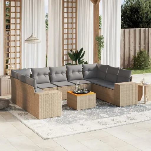 Conjunto de Sofás p/ Jardim com Almofadões Vime PE Bege (10 pcs)