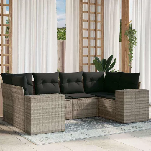 Conj. Sofás Jardim com Almofadões Vime PE Cinzento-Claro (6 pcs)