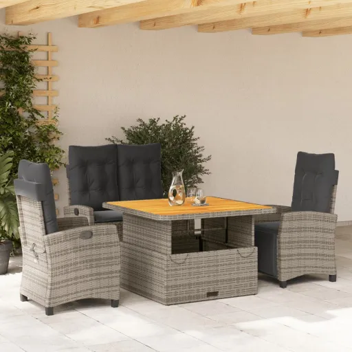 Conjunto de Jantar p/ Jardim c/ Almofadões Vime PE Cinza (4 pcs)