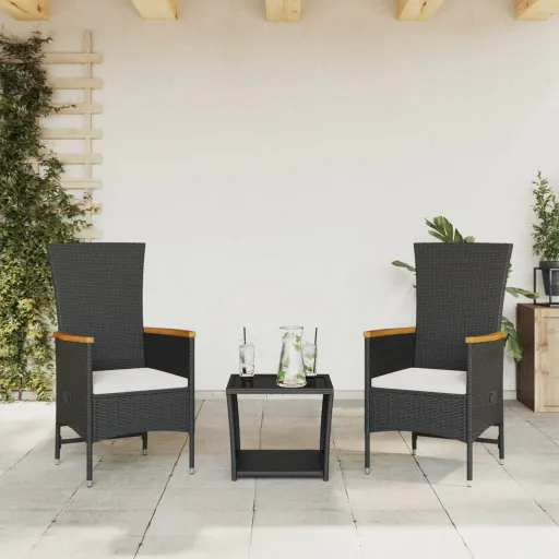 Conjunto de Jantar p/ Jardim c/ Almofadões Vime PE Preto (3 pcs)