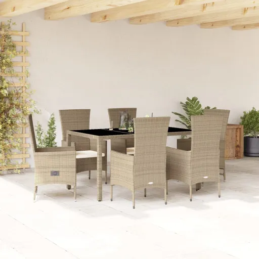 Conjunto de Jantar p/ Jardim com Almofadões Vime PE Bege (7 pcs)