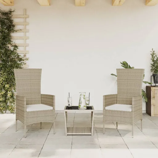 Conjunto de Jantar p/ Jardim com Almofadões Vime PE Bege (3 pcs)