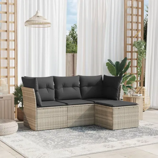 Conj. Sofás Jardim c/ Almofadões Vime PE Cinzento-Claro (4 pcs)